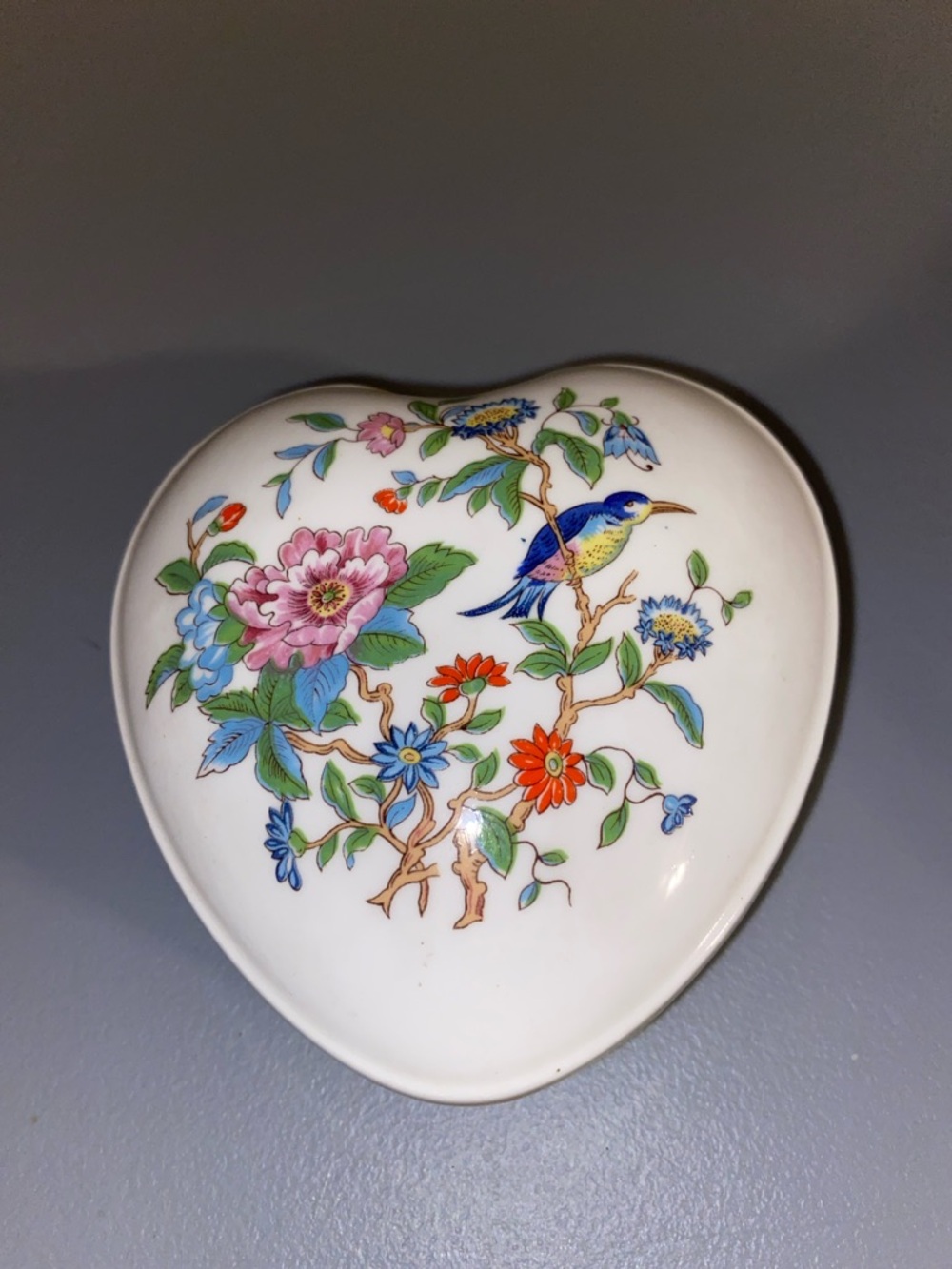 Aynsley Heart-Shaped Porcelain Trinket Box with Floral & Bird Motif